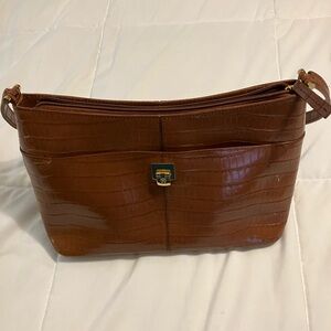 Vintage Etienne Aigner Brown Croc Embossed Leather Shoulder Bag Gold Logo Clasp